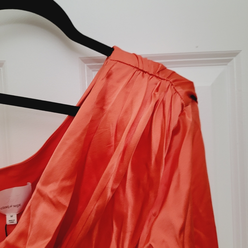 Cinq à Sept Stace one shoulder padded silk blouse in Neon Coral - Picture 6 of 10